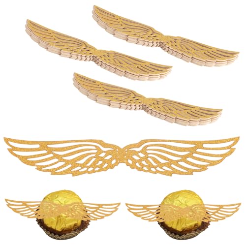 CCINEE 50 Pcs Gold Glitter Wings Wizard Chocolate Decoration Cupcake Toppers Hollowed Golden Wings Wafer with Glue Point Dots for Themed Party Birthday Cake Wedding