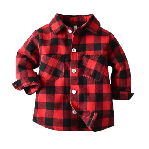 Camisa de franela para niños pequeños, chaqueta a cuadros de manga larga con botones, camiseta para bebé, abrigo, ropa de exterior, regalos de motorista, rojo, 18-24 meses