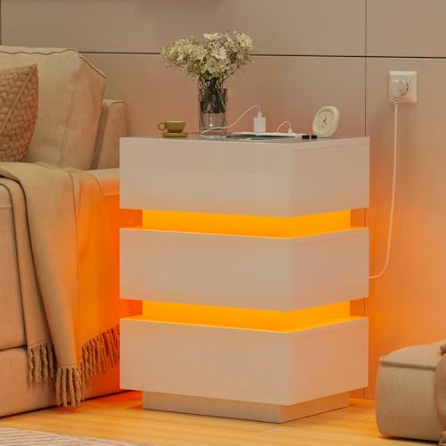 Mesitas de Noche led, Mesa de Noche con estación de Carga, 2 Tomas CA, 2 Puertos USB, Mesillas con 3 cajones Brillo, 16 Colores LED Adecuada, Armario de Cama, para Dormitorio, Salón, Blanco