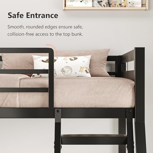 Image of iPormis Metal Bunk Bed Twin Over Full, Heavy Duty Bunk with High Guardrail and Safety Entrance Design, Under-Bed Storage Space, Easy Assembly, Noise Free, Black