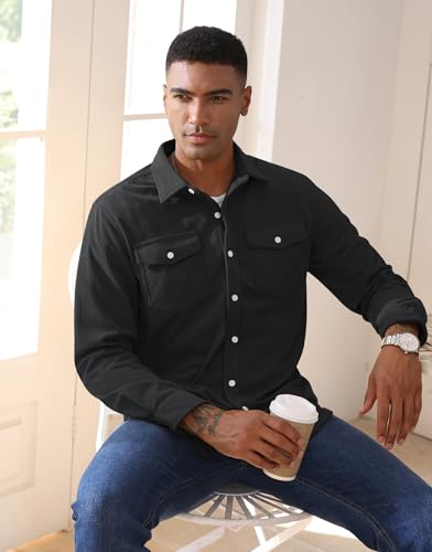 EKLENTSON Men's Shirt Corduroy Long Sleeve Casual Button Down Shirts Shacket Jackets Slim Fit Jacket Black M - Image 3