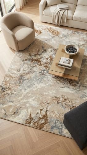 Image of 2x5 Feet (60x150 CM) Carpet for Bedroom Living Room & Hall - Beige Bronze Multi Modern Abstract Geometric Silk-Touch Luxury Hotel-Style Washable Anti-Skid Turkish Area Rug