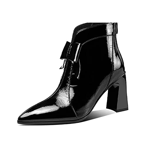TinaCus Patent Leather Women's Handmade Pointed Toe High Heel Glossy Bowknot Ankle Booties with Back Zip