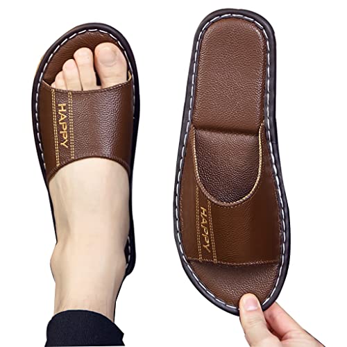 Genuine Leather Open Toe Summer Sandals, Unisex Cowhide PU Non Slip Home & Outdoor Comfy Slippers