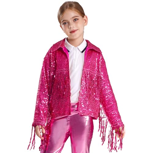 Kids Girls Sequins Tassel Jacket Stand Collar Long Sleeve Slim Fit Open Front Tops Party Bomber Blazers Outwear
