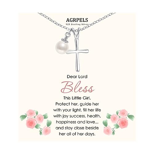 AGRPELS Sterling Silver Cross Necklace for Girls - First Communion, Baptism, Confirmation Gifts for Teenage Girl, Little Girls Jewellery with Pearl, Easter Gifts for Godchild