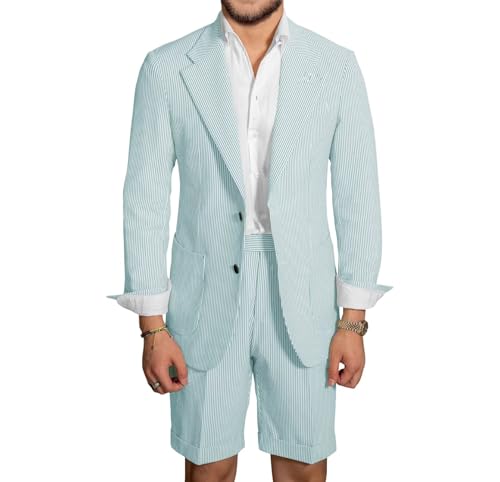 Men's Seersucker Suits 2 Piece Lightweight Striped Blazer Shorts Beach Wedding Prom Casual Summer Dress Suits4