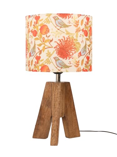 Image of Green Girgit Decorative Tri-Leg Stand Wooden Table Lamp with Brown Birdy Multicolor Shade Bedside & Reading Night Lamp for Bedroom, Living Room & Home Decor | Warm Ambient Light