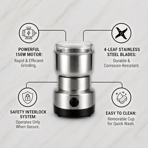 Image of Andrew James Mini Mixer Grinder Small Size 150W High Speed | EVERSYS Stainless Steel Spice Grinder & Coffee Beans Grinder | Portable Electric Grinder for Masala, Dry Ingredients (100g Capacity)