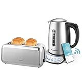 WeeKett 4-Slice Toaster & Smart Kettle Bundle: Stainless Steel, 1250-1450W, Wide Slots for Artisan Bread, Crumpets, Bagels, Adjustable Browning, Defrost, Reheat, 1.7L Voice-Controlled Kettle, Variable