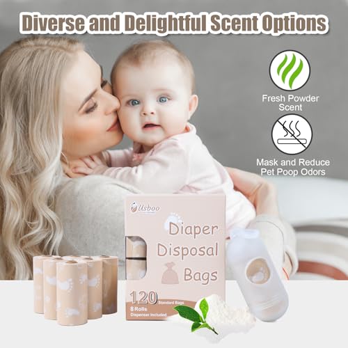 Diaper Bags Disposable for Baby, Biodegradeable Dirty Diaper Bags (8 Refill Rolls/120 Bags) with Dispenser | Leak Proof Diaper Trash Bags | Baby Poop Bags | Fresh Powder Scent - Thumbnail 3