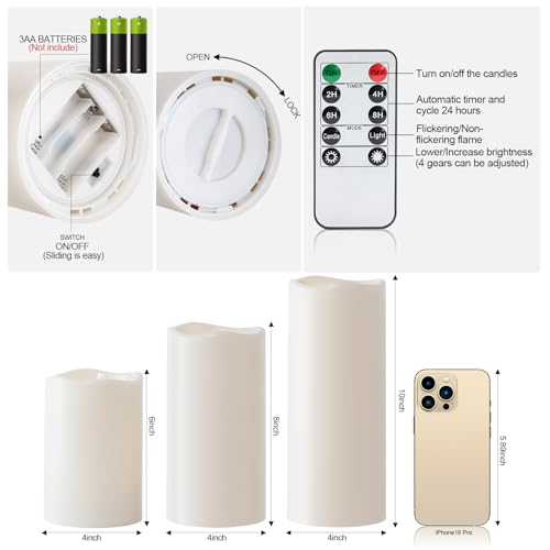 Image of Amagic 3 Pack 4 inchx 6 inch8 inch 10 inch Outdoor Plastic Electric flameless Candles with Remote Control and Timer, Battery Operated Flickering LED Pillar Fake Candle for Home, Wedding Decor, Ivory