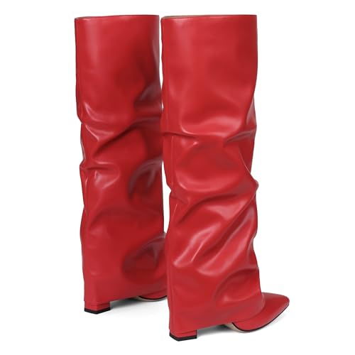 Image of SaraIris Women's Slouchy Knee High Boots - Black, Pointed Toe, Fold Over, Chunky, Shark Boots
