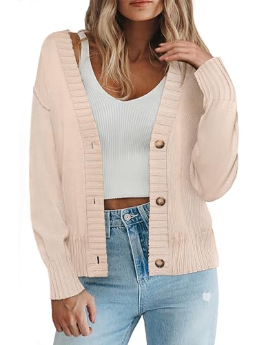 Zeagoo Chaqueta de punto para mujer elegante con botones, cuello en V, punto grueso, suelta, suave y acogedora, suéter con botones para otoño e invierno, café, L