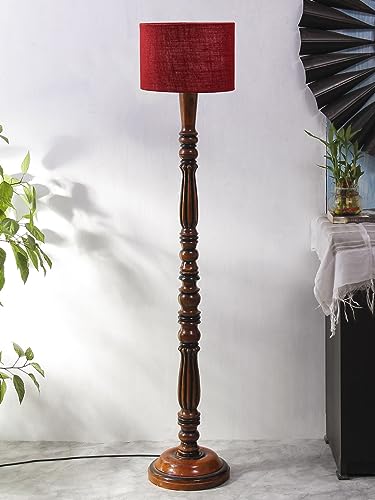 Image of Jute Modern Floor Lamp with Wooden Base - Height 56 Inches | Modern & Fashionable Standing Lamp for Living Room, Bedroom & Office | Stylish Home Decor Lighting in Elegant Maroon Shade