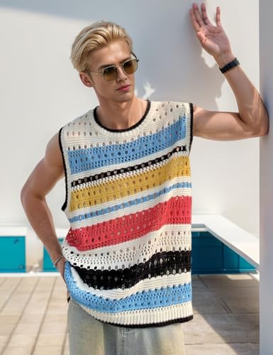 Arssm Mens Crochet Sweater Vest Color Block Knit Vest Sleeveless Crewneck Blouses Tops Hollow Out Tank Top2