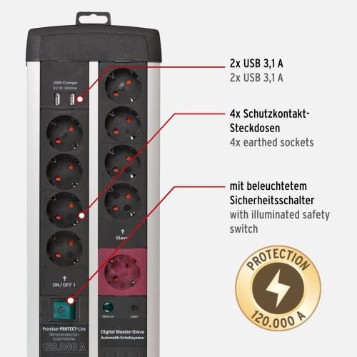 Brennenstuhl Premium-Protect-Line Steckdosenleiste 11-fach mit Überspannungsschutz, Master Slave Funktion und 2 Schalter (2-fach USB 3,1 A, 3m Kabel, Made in Germany) schwarz