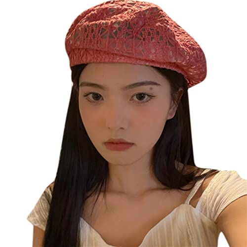 Women Lace Lightweight Beret Floral Hollow Out Hat Breathable French Beret Beanie Hat Cap For Spring Summer, Fuchsia #TOP3