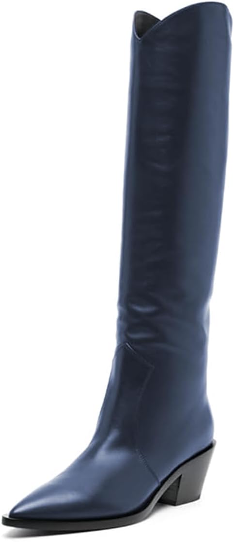 FOWT Women Classic Pointed Toe Block Low Heel Cowgirl Knee High Boots Pull on Comfy Winter Party Long Boots Size 4-16 US