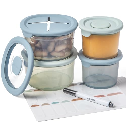 Moonkie Tarros Potitos Bebe Silicona(2Paquetes 4oz+2Paquetes 8oz),Tarros Bebe Comida, Recipiente Comida Bebe, Tarros de Conservación 100% Herméticos, Sin BPA, Apto para Lavavajillas,Refrigeradores