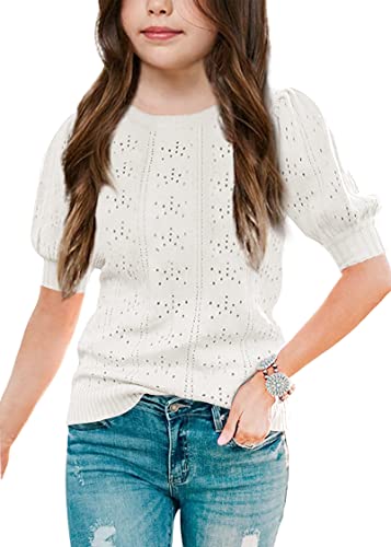 Klousilover Girls Blouse Tops Fall Casual Puff Sleeve Crew Neck Sweaters Solid Hollow Out Knit Pullover Jumper Tops A-White #TOP6