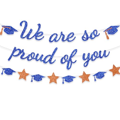 Image of We Are So Proud Of You Banner Graduation Party Decorations Glitter Congratulations Class Grad Ideas Blue Grad Oragne