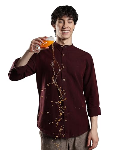 Image of TURMS Men's Casual Solid Linen Shirt | Water Repellent | Anti Stain Anti Odor | Kansas Linen | Mandarin Collar | Full Sleeves