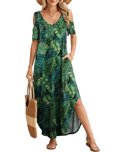 Image of BELAROI Womens Cold Shoulder Maxi Dress Plus Size V Neck Summer Sundresses with Pockets Beach Coverup Vacation Outfits