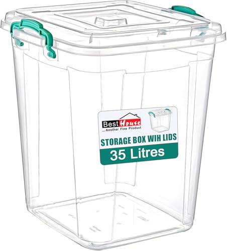 Best House | Plastic Storage Box with Clips & Lids | Size: 35L (L:39cm W:36.7cm H:43cm) | Set of 1 | Square Shape | Stackable Clear Durable Multipurpose Office Home Kitchen Tools (MEDIUM Size)