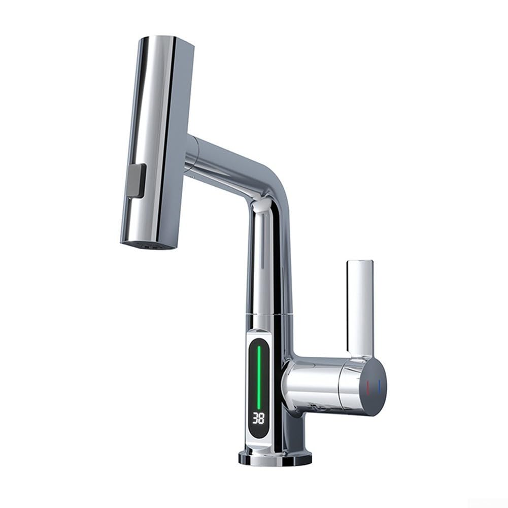 Grifo de cocina con indicador digital integrado de temperatura giratorio de 360 grados, cascada extraíble, rociador de hasta 60 cm, material de latón, blanco, negro, gris, cromo (cromo)