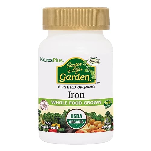 NaturesPlus Source of Life Garden Certified Organic Family Iron 18 mg Cap - 30 Vegan Capsules - Plant-Based Iron Supplement - Supports Healthy Blood - Vegetarian, Gluten-Free - 30 Servings