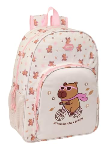 Safta | Mochila Escolar Capibara Adaptable a Carro (Sin Carro), Ergonómica y Acolchada, Doble Tirador en Cremallera, Bolsillo Frontal Grande, Portabotellas, Asa Superior, Medidas 33x14x42 cm
