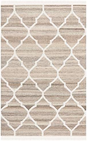 SAFAVIEH Boho Teppich für Wohnzimmer, Esszimmer, Schlafzimmer - Natural Kilim Collection, Kurzer Flor, Hellgrau und Elfenbein, 91 X 152 cm