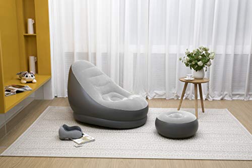 Image of 2-in-1 Lounge Chair Set Portable Recliner with Air Pump, Inflatable Leisure Sofa Chair and Footstool, Outdoor Folding Lounger Flocking Lazy Couch, Air Bag Chair and Stool