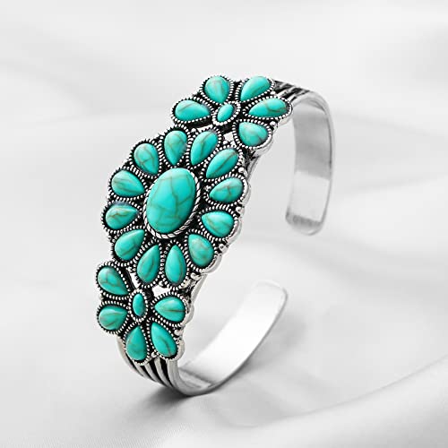 Bonuci Turquoise Bracelet Women Western Jewelry Retro Turquoise Stone Cuff Bracelet Adjustable Silver Bangle for Women Party4