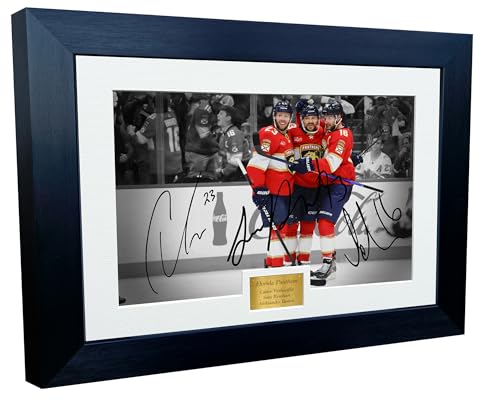 12x8 A4 Stanley Cup Champions 2024 Florida Panthers Carter Verhaeghe Sam Reinhart Aleksander Barkov NHL Autograph Signed Signature Photo Photograph Picture Frame Ice Hockey Poster Gift, Black