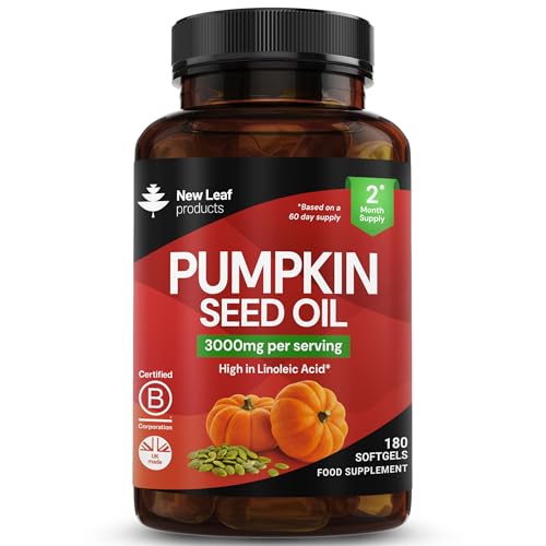 Pumpkin Seed Oil Capsules 3000mg - 100% Cold Pressed 180 Softgels 1500mg Linoleic Acid - Omega 6-Pumpkin Seed Oil for Hair Growth - UK Made By New Leaf Products 50% Linoleic Acid