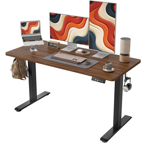 TIQLAB Electric Standing Desk, Adjustable Height Stand up Desk, 55 * 24 Inches Sit Stand Home Office Table with Splice Board, Black Walnut