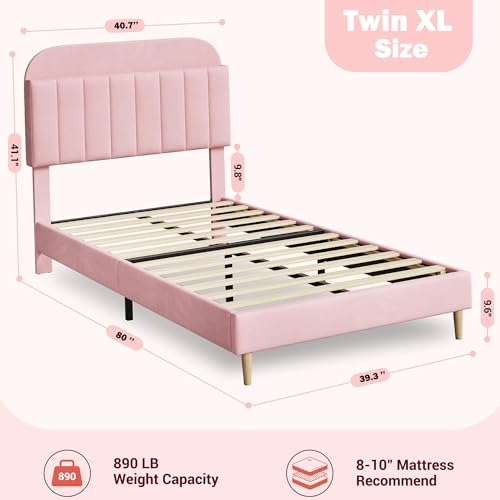 GarveeHome Twin XL Bed Frame with Storage Headboard, Velvet Upholstered Platform Bedframe for Kids, Girl Bed, Strong Wooden Slats, Noise-Free, Easy Assembly, No Box Spring Needed, Light Pink