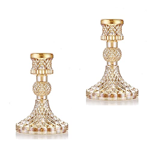 Yangmei Set Of 2 Gold Glass Candle Holder,Taper Candlestick Holders,Decorative Candlesticks Candleholder, 4.1 Inch Tall Crystal Candle Stand Centerpiece For Wedding Dinning Party #TOP24