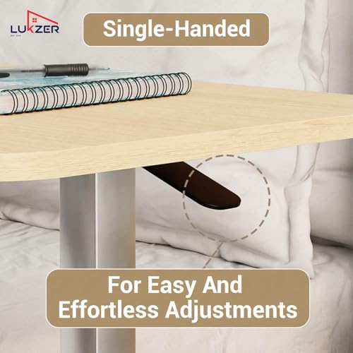 Image of Lukzer MST-002 White Frame Brown Oak Top Overbed Table with Wheels | Adjustable Height Laptop Desk for Bed & Sofa | Rolling Bedside Table for Home, Hospital & Office (40x80x95 cm)