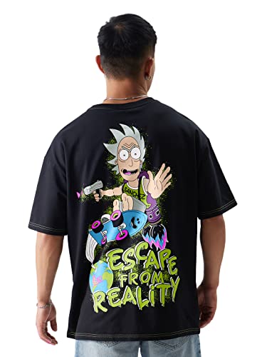 Image of The Souled Store Official Rick & Morty: Escape from Reality Men and Boys Oversized fit Graphic Printed Half Sleeve Cotton Black Color Men Oversized T-Shirts