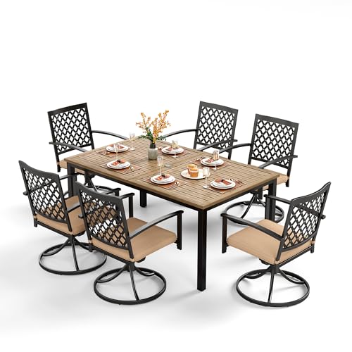 Image of PHI VILLA Patio Dining Set for 6, Swivel Chairs& Wood-Like Table Table | 65 inch Rectangle Metal Wood-Like Steel Table&Swivel Wrought Iron Chairs,Outside Furniture Set for Patio, Deck, Yard, Porch
