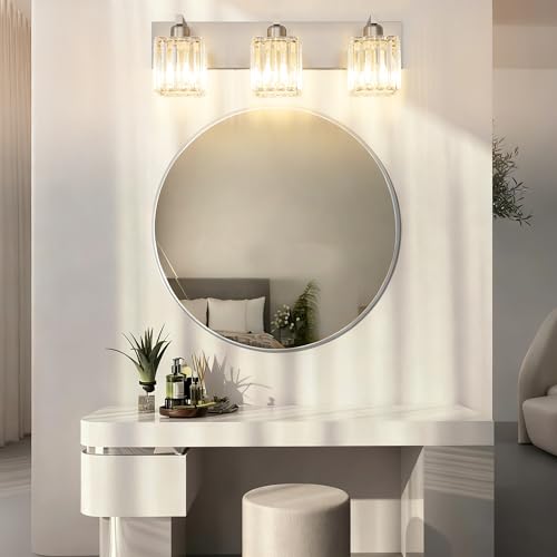 Image of Aipsun Brushed Nickel Vanity Light Bathroom Lighting Fixtures 3 Light Crystal Modern Bathroom Vanity Light (Exclude Bulb)