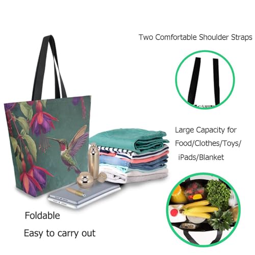 Hummingbird Taxus Flowers Extra Large Canvas Gym Shoulder Tote,Durable Daily Reusable Top Handle Bag for Mens Womens Yoga Weekender Picnic Beach Travel Market Shopping2