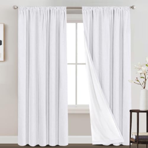 Image of PrinceDeco 100% Blackout Linen Curtains 84 inch Long Rod Pocket Blackout Linen Curtains Panels with White Liner Energy Saving Curtains for Bedroom, Set of 2(52 x 84 Inch, Pearl White)