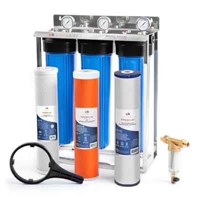 Aquaboon 3-Stage Water Filter System 20x4.5 with Carbon Block, Anti-Scale, KDF Filters, Pressure Gauge & Release, Wrench, Freestanding Steel Frame