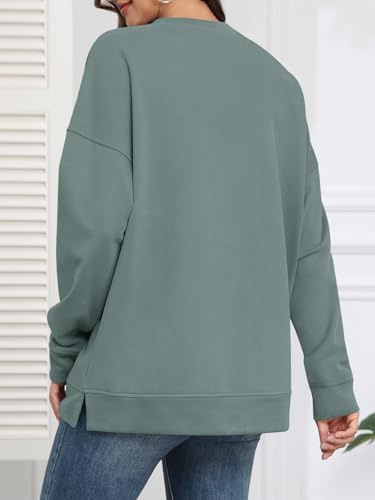 ATHMILE Womens Plus Size Long Sleeve Crewneck Sweatshirt Side Split Loose Fit Solid Basic Pullover Tunic Tee Shirts Tops Blue