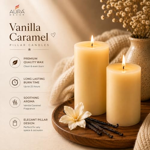 Image of AuraDecor Vanilla Caramel Scented Pillar Candles | Set of 2 | 25 Hours Burn Time Each | Smokeless Paraffin Wax Candles | Long Lasting Fragrance | Decorative Candle for Home Decor & Gifts