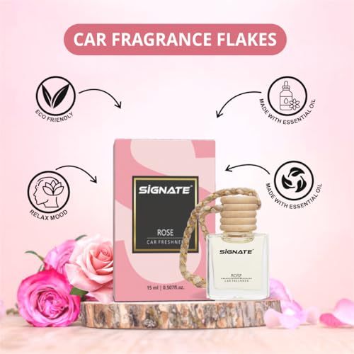 Image of Signate Car Perfume with Essential Fragrance Oils | Car Air Freshener Car Accessories for Interiors, car fresheners with Automatic Dispenser Wooden Lid - 15ml (Rose)